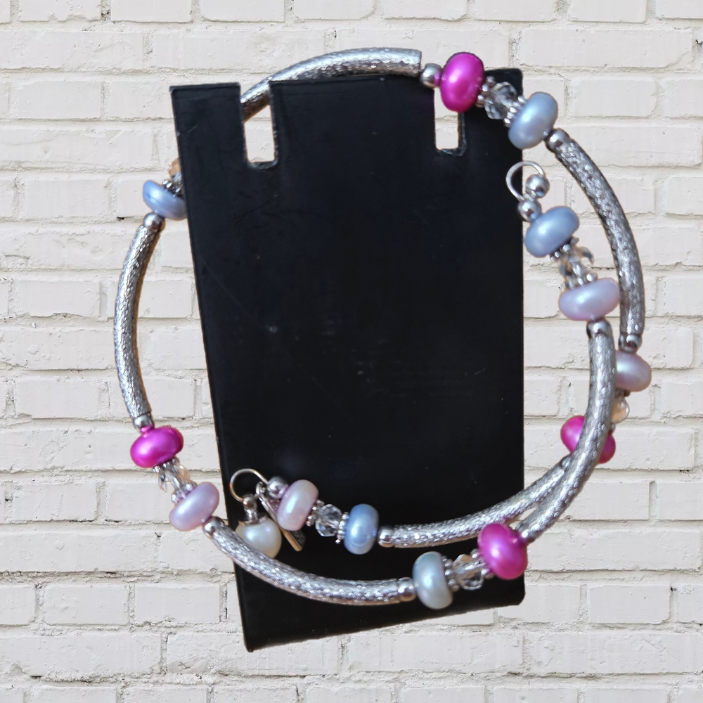 Elegant Silver and Pink Beaded Bracelet